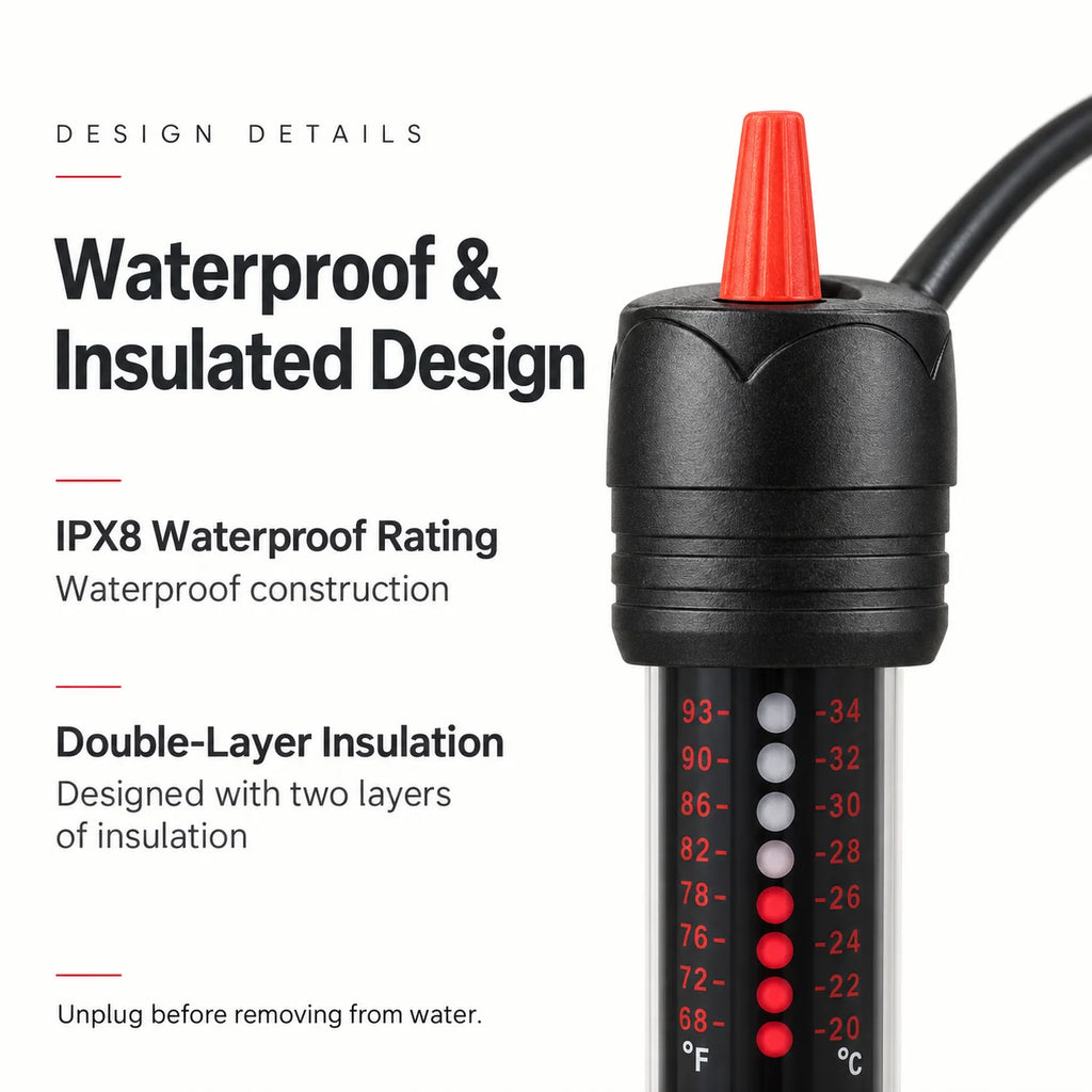 Adjustable Submersible Aquarium Heater with US Plug, 25W to 300W