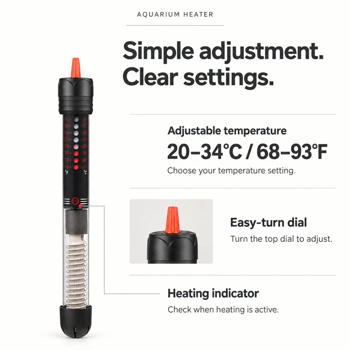 Adjustable Submersible Aquarium Heater with US Plug, 25W to 300W