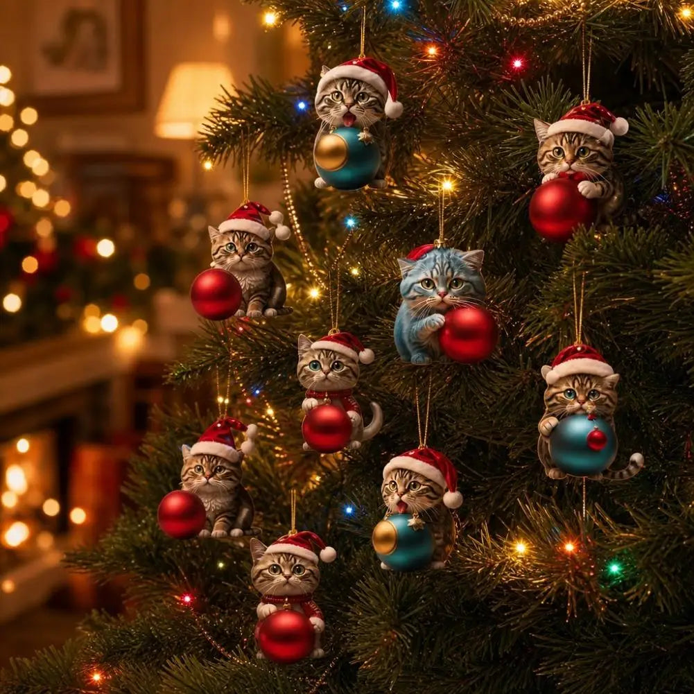 10-Piece Acrylic Cat Christmas Ornaments with Santa Hats