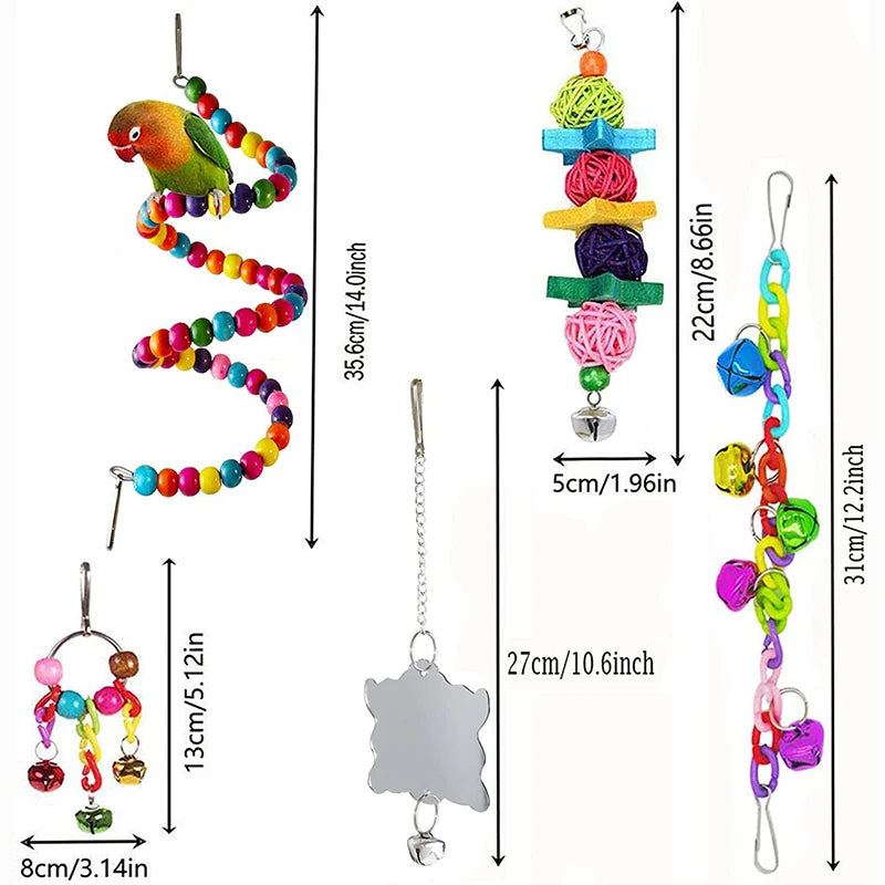 7-Piece Wooden Parrot Toy Set with Swing, Bridge & Bells