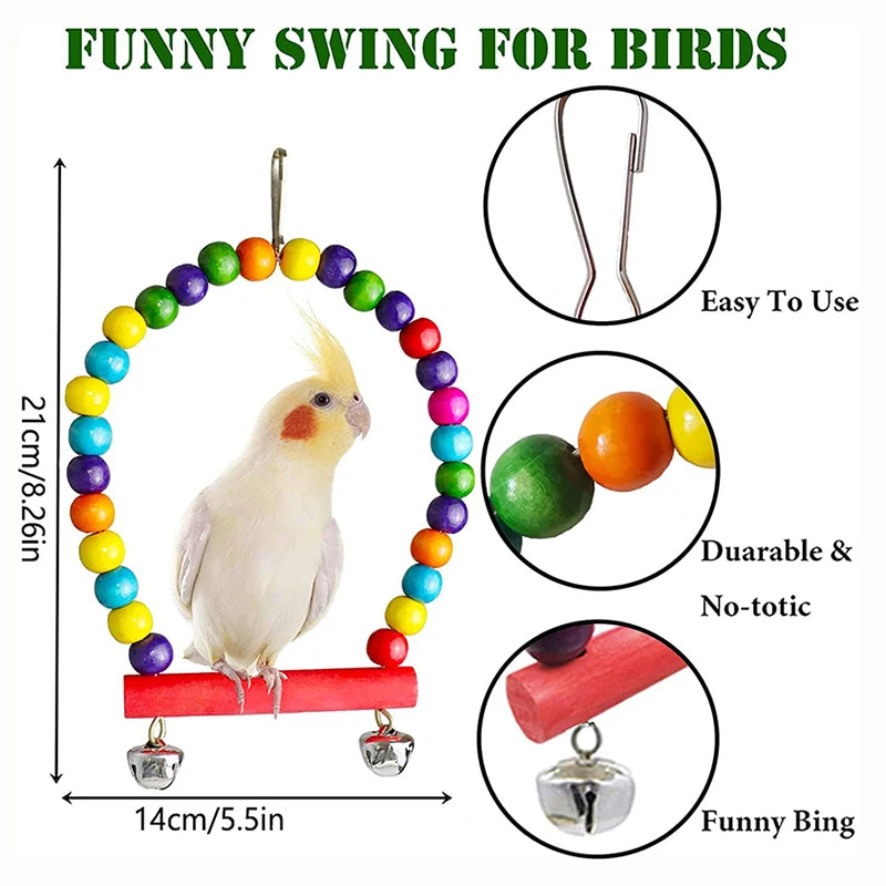 7-Piece Wood Bird Toy Set with Swing, Bridge and Bells