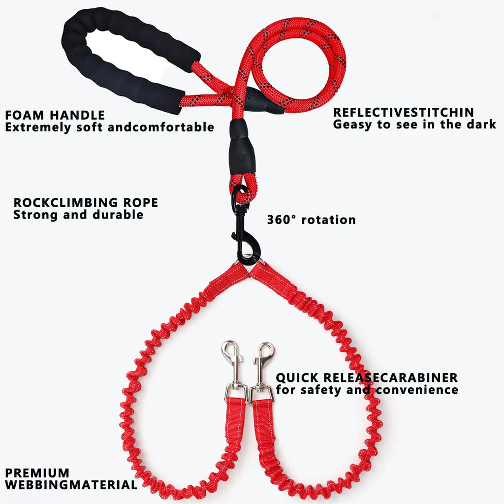 No-Tangle Double Dog Leash with Reflective Bungee for Two Dogs