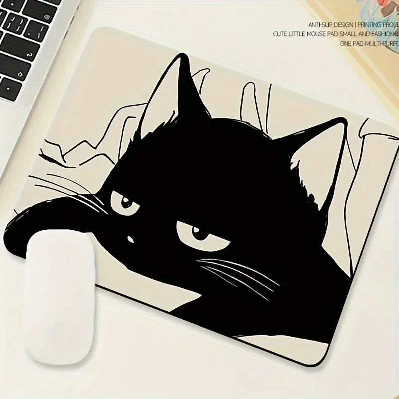 Black Cat Illustration Mouse Pad, Non-Slip Desk Mat Gift for Cat Lovers