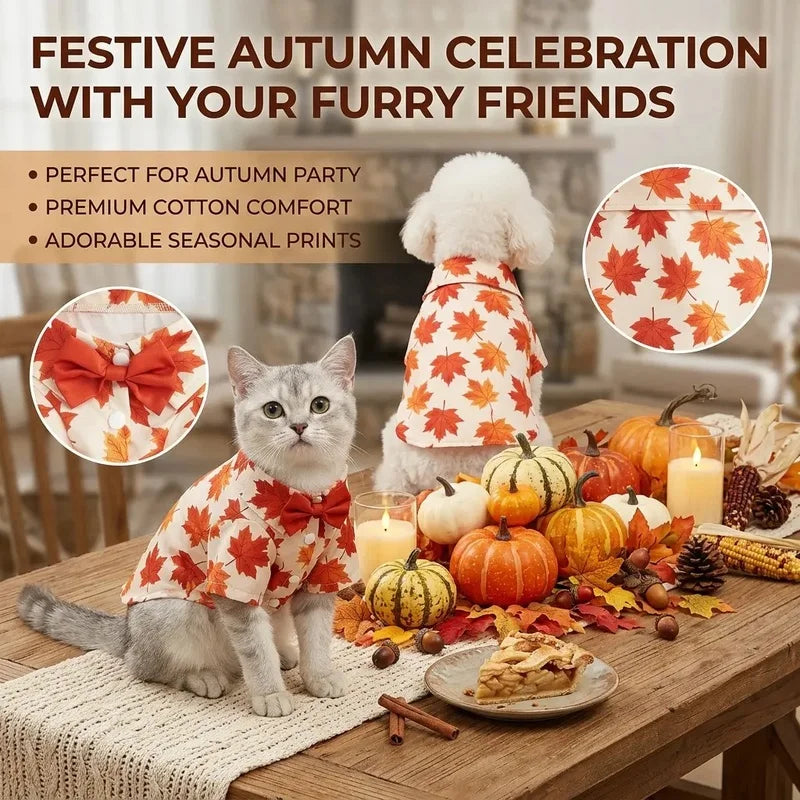 Fall Maple Leaf Dog Shirt with Bowtie, Thanksgiving Pet Outfit