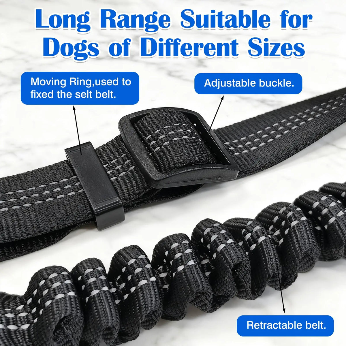 Adjustable Dog Car Seat Belt with Reflective Strip & Bungee