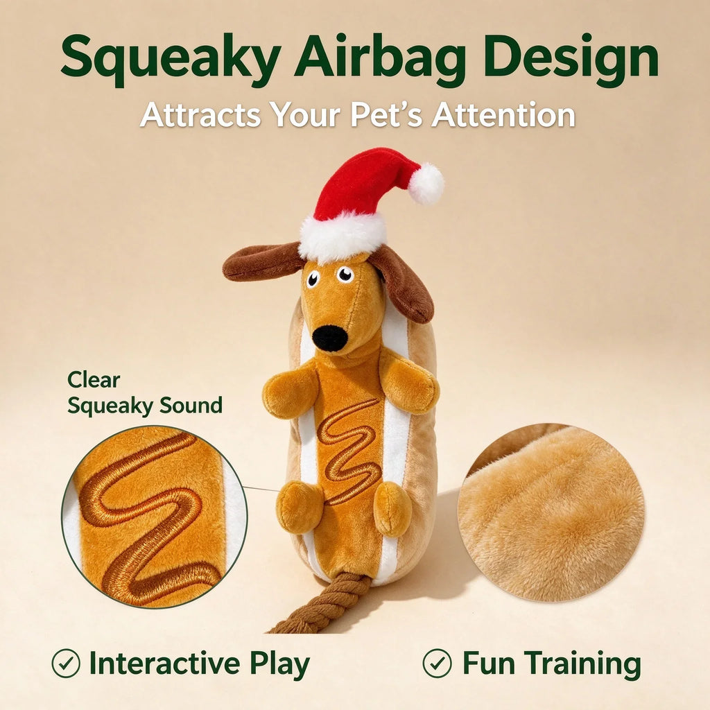 Holiday Hot Dog Dachshund Squeaky Plush Chew Toy for Puppies