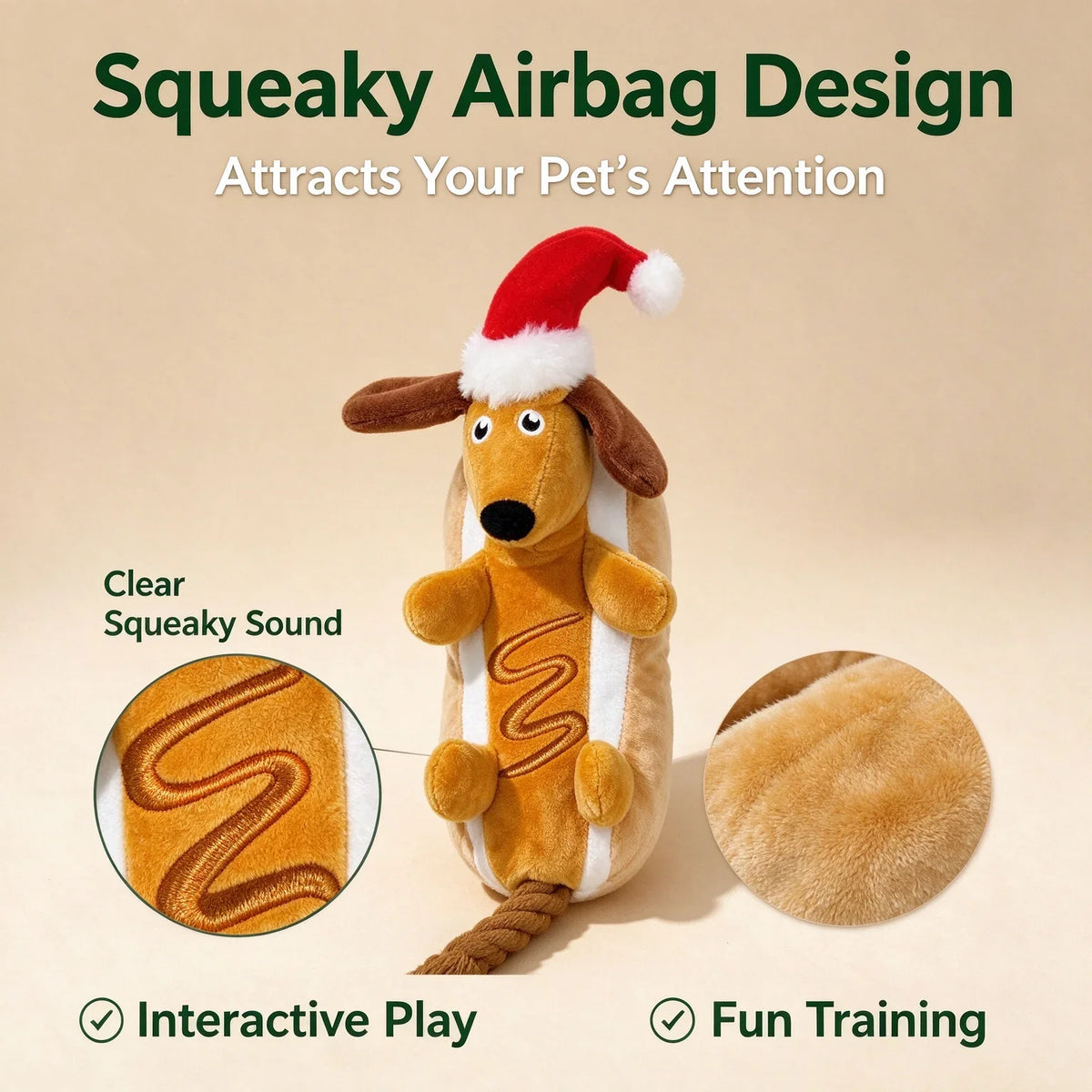 Christmas Dachshund Plush Squeaky Dog Toy with Rope Knot Chew