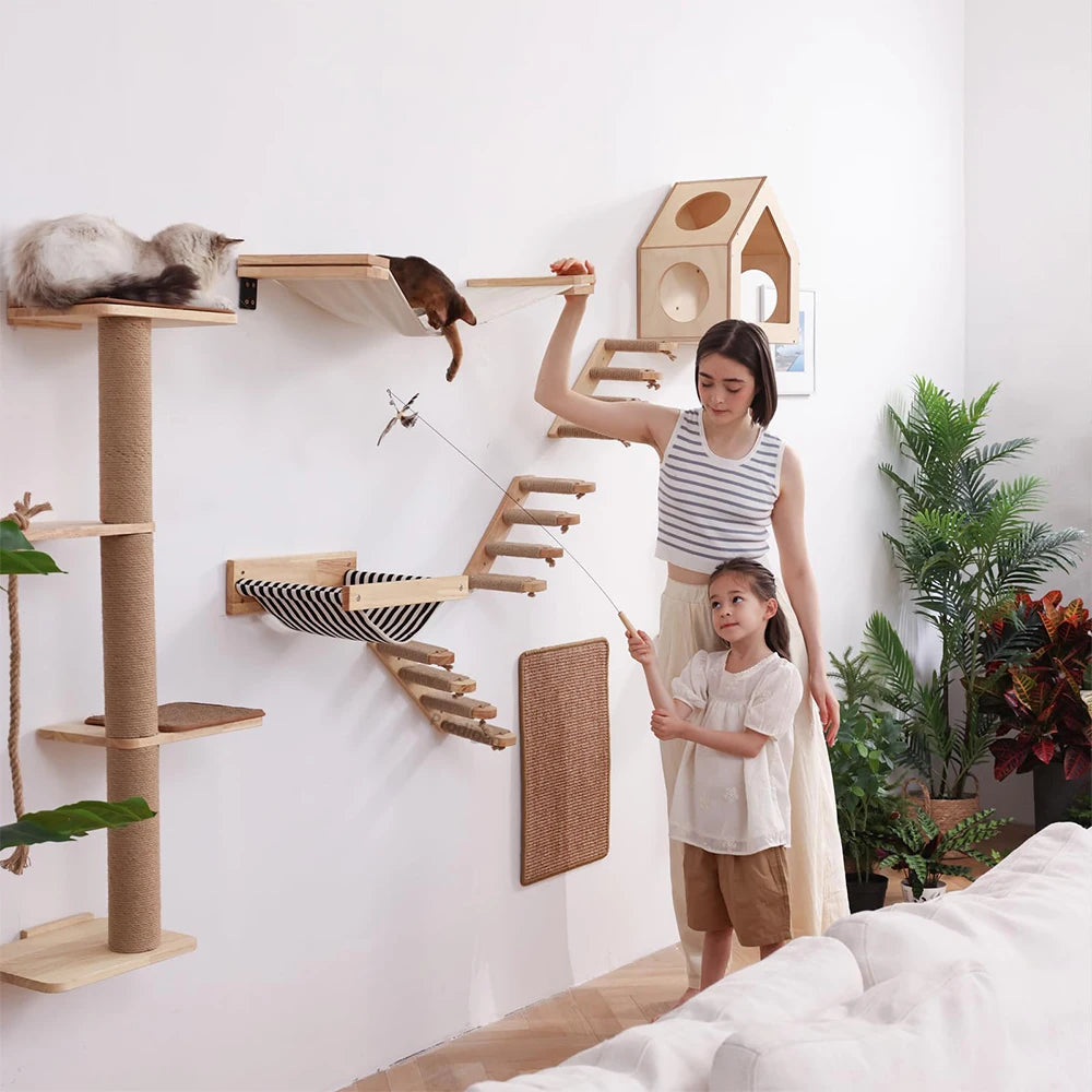 Wall-Mounted Cat Climbing Shelf Set with Scratching Post & Hammock