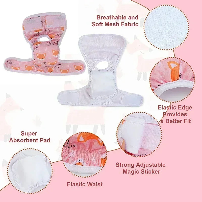Washable Female Dog Diapers with Cute Cartoon Prints, Reusable