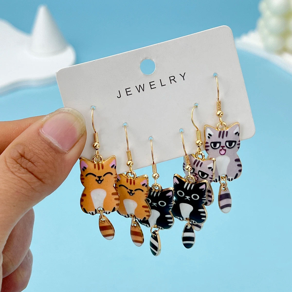 Hanging Tail Cat Dangle Earrings, 3-Pair Enamel Gift Set for Cat Lovers