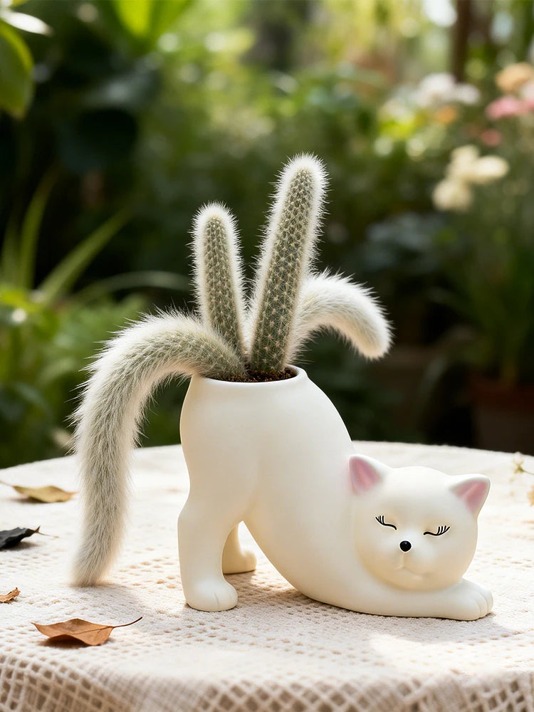 Curly Cat Resin Planter, Whimsical Kitty Pot for Succulents
