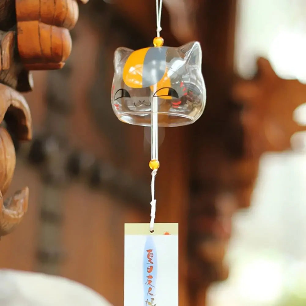 Japanese Glass Cat Wind Chime, Hanging Window Decor for Cat Lovers