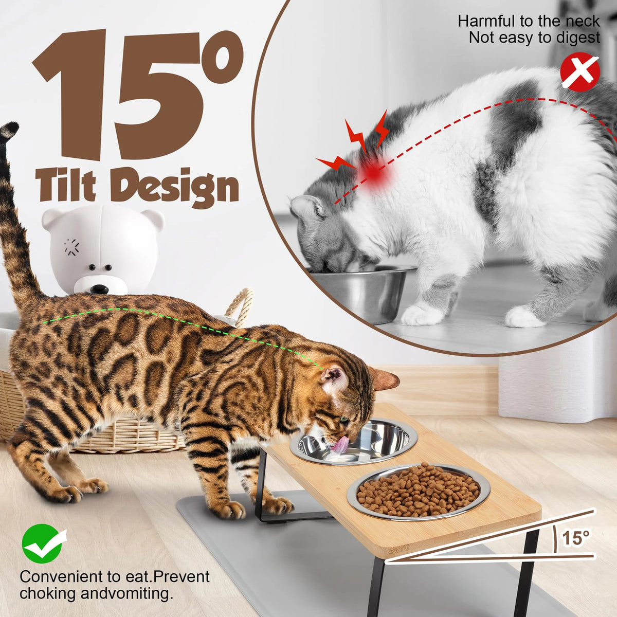 Tilted Elevated Cat Bowls with Wooden Stand, 2 Stainless Steel Bowls
