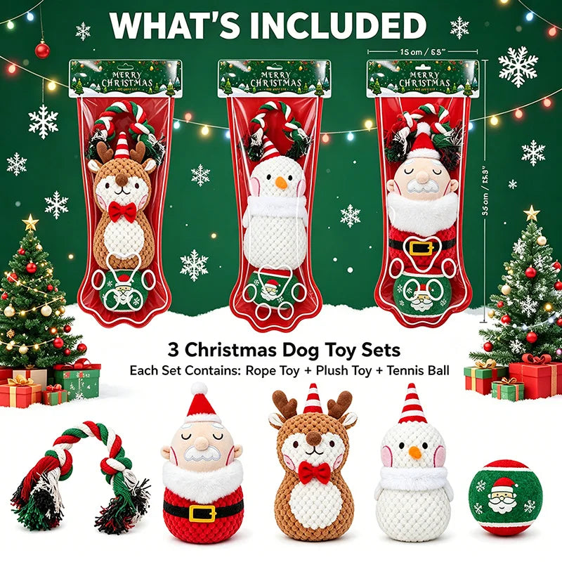 3-Piece Christmas Dog Toy Set with Plush, Rope and Tennis Ball