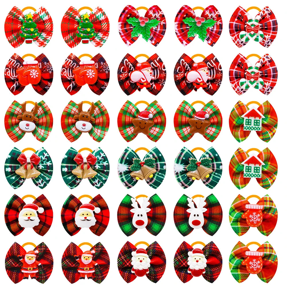 Christmas Plaid Puppy Hair Bows with Rubber Bands, 20-Pack