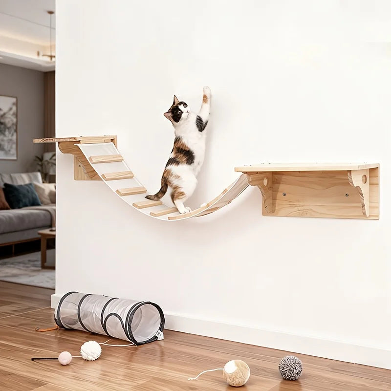 Wall-Mounted Cat Climbing Shelves Set with Bridge Ladder