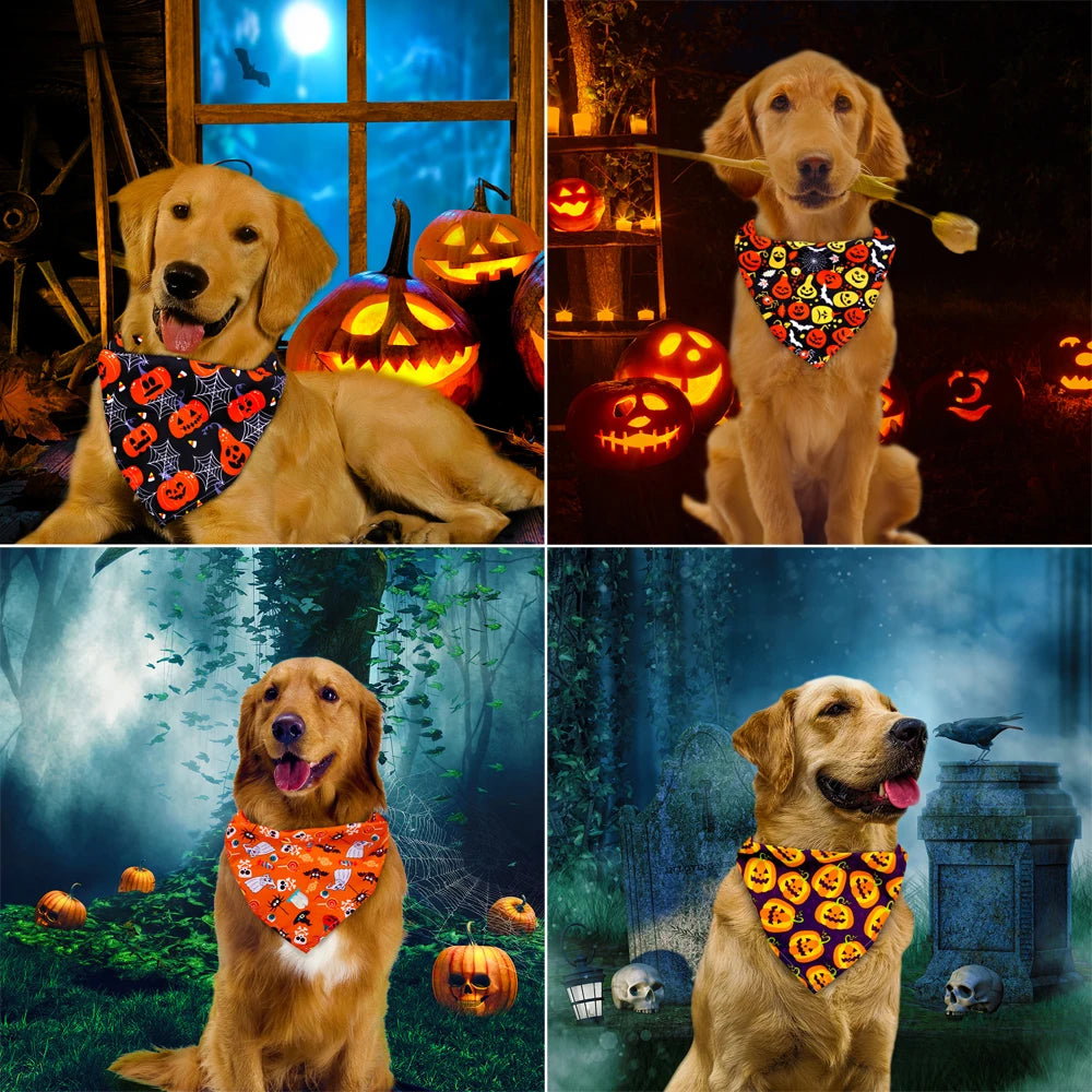 Halloween Dog & Cat Bandana Scarf, Pumpkin Ghost Bat Print Bib