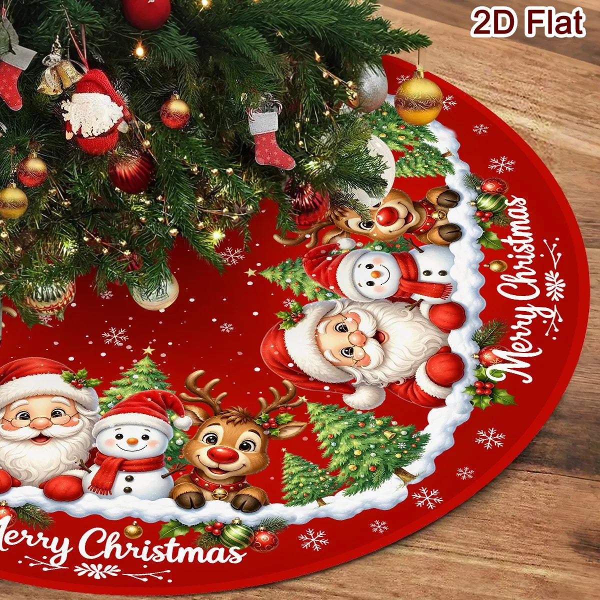 Christmas Tree Skirt, Santa & Snowman Print Holiday Tree Mat