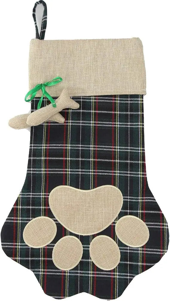 Christmas Pet Stocking with Paw Print, Plaid Hanging Gift Bag