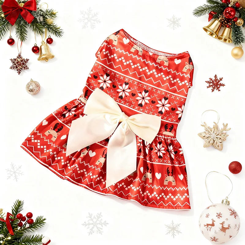 Christmas Dog Dress with Bow, Festive Holiday Pet Skirt