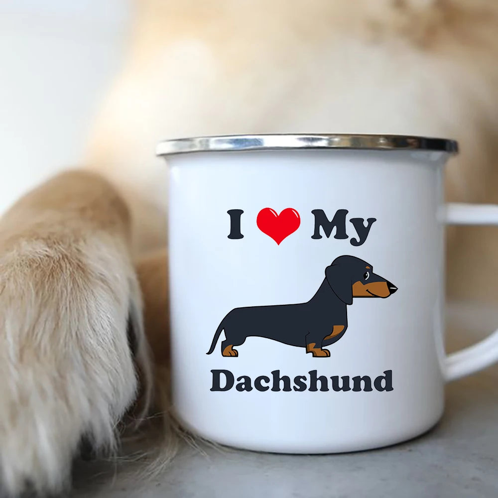 I Love Dachshunds Enamel Camping Mug, Dog Lover Coffee Cup Gift