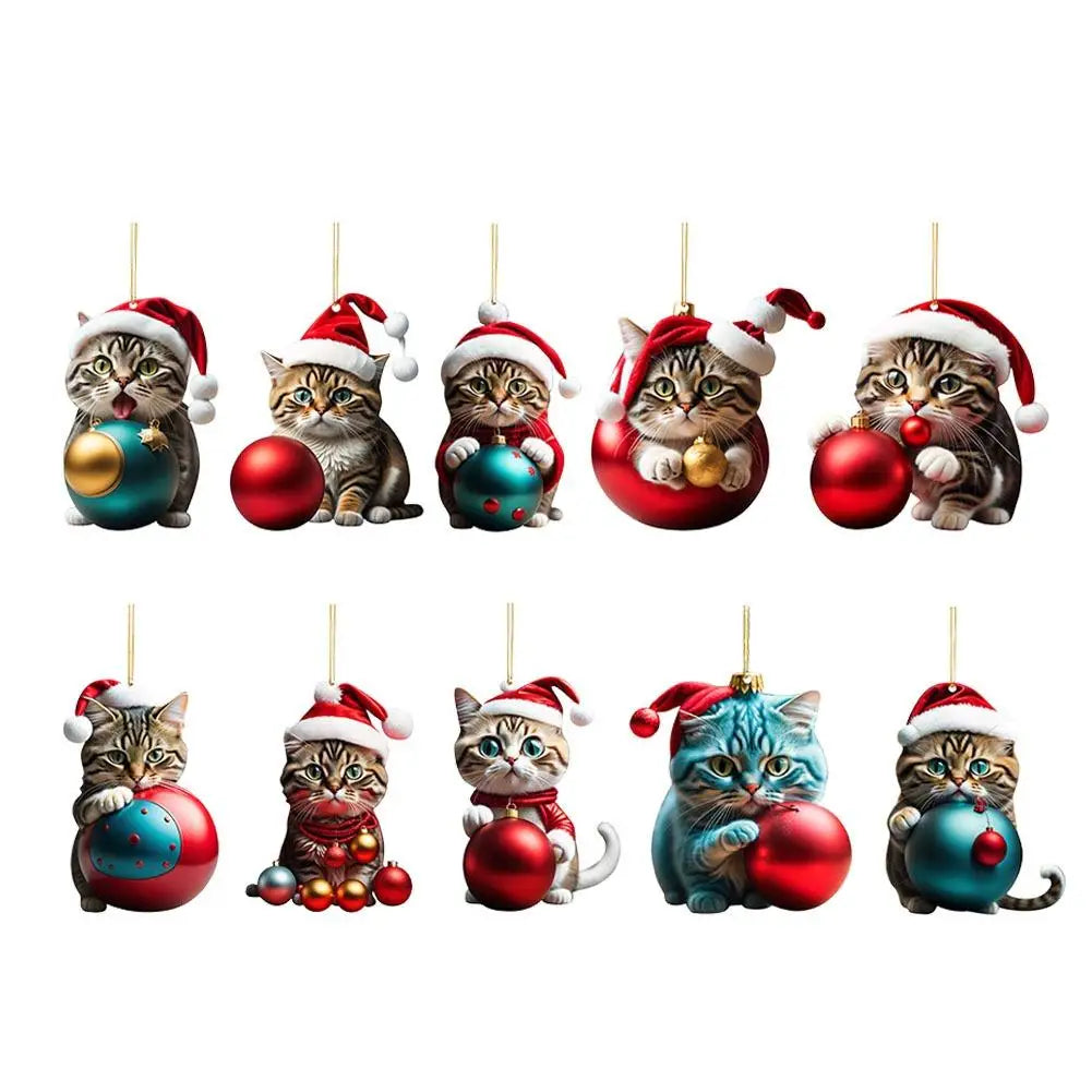 10-Piece Acrylic Cat Christmas Ornaments with Santa Hats