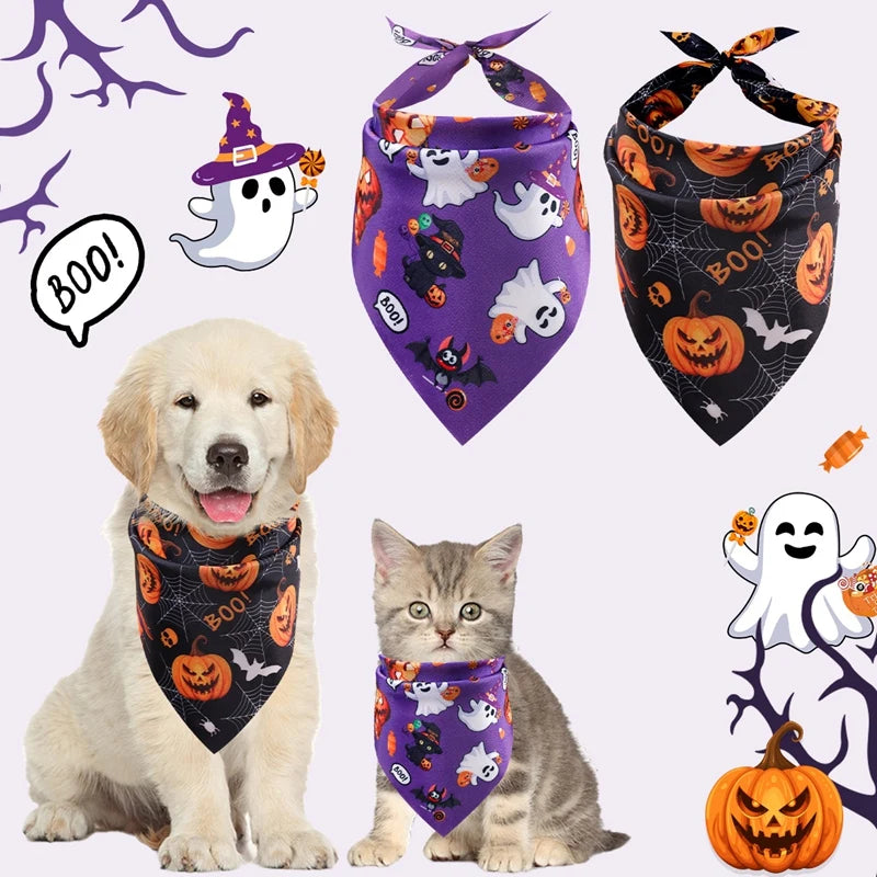 Halloween Dog Bandanas 2-Pack, Pumpkin and Ghost Triangle Scarves