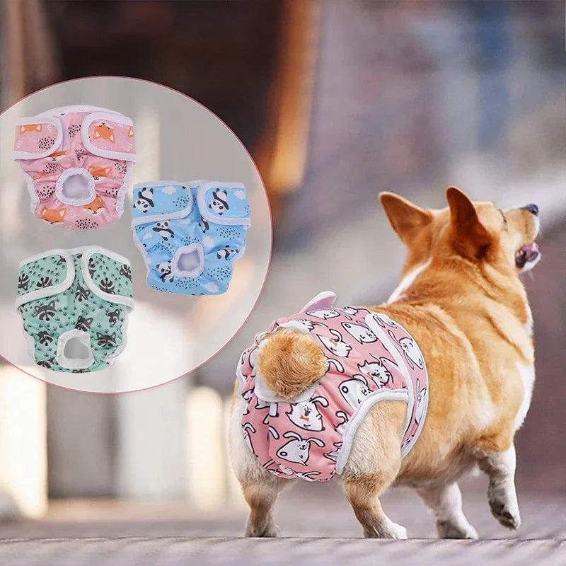 Washable Female Dog Diapers with Cute Cartoon Prints, Reusable