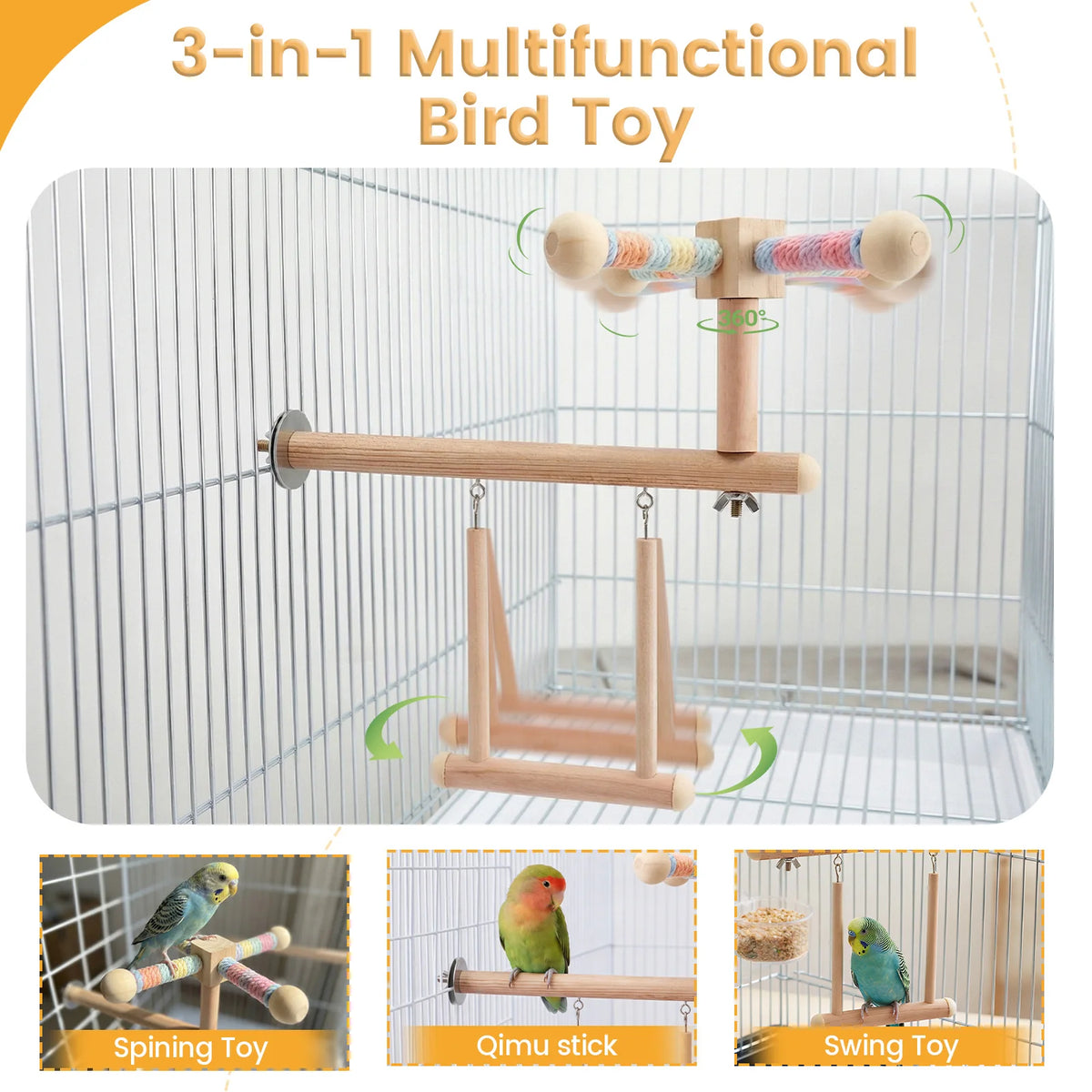 3-in-1 Wooden Bird Perch Swing & Hammock Toy for Parakeets