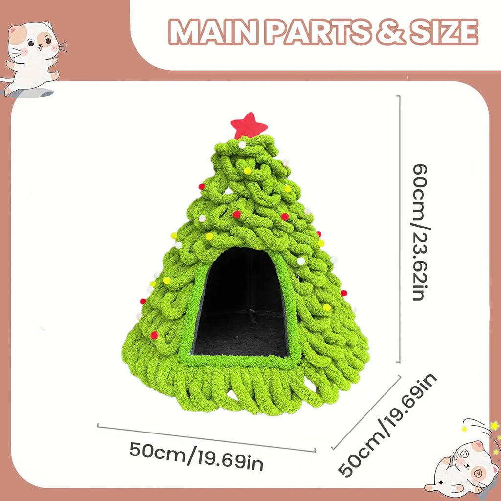 Knitted Christmas Tree Cat House, Warm Winter Nest for Kittens