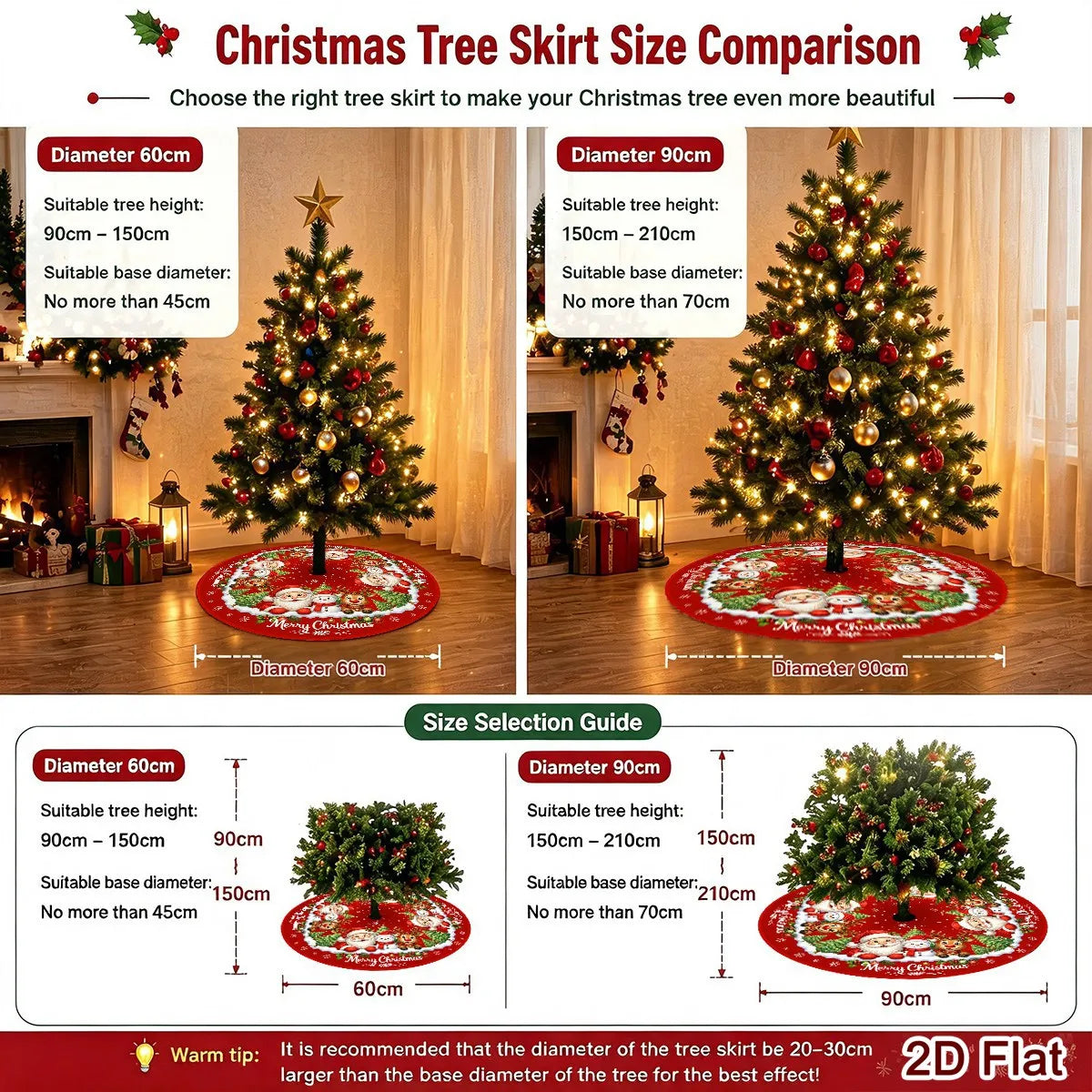Christmas Tree Skirt, Santa & Snowman Print Holiday Tree Mat