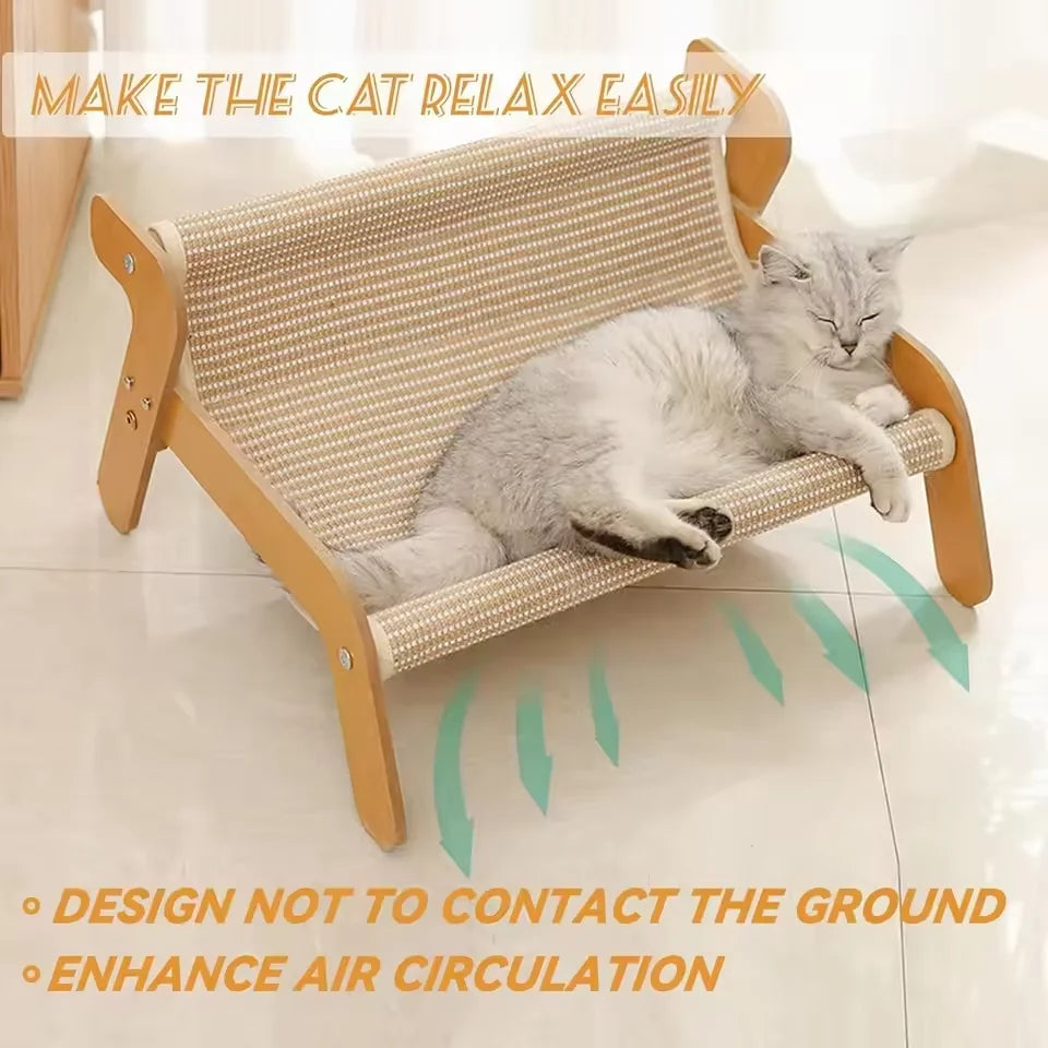 Sisal Cat Scratcher Lounge Bed with Wooden Frame, 2-in-1 Hammock