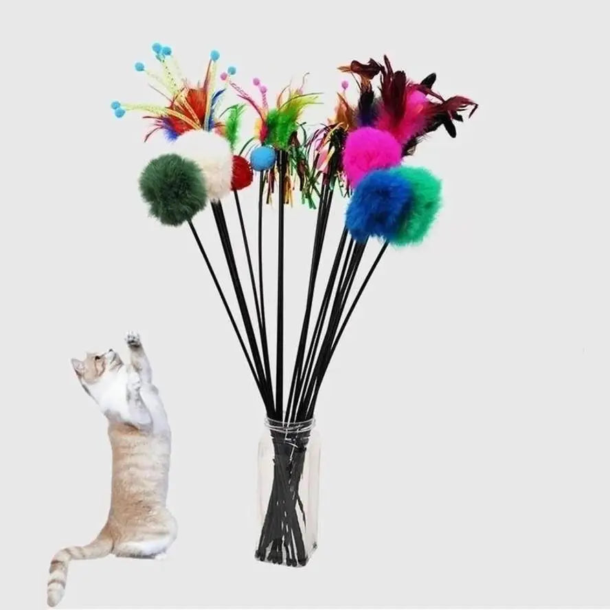 5-Pack Turkey Feather Cat Teaser Wand with Bell