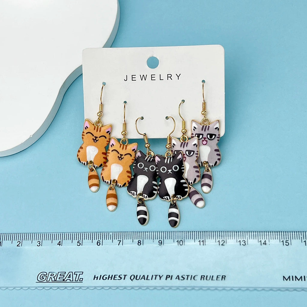 Hanging Tail Cat Dangle Earrings, 3-Pair Enamel Gift Set for Cat Lovers