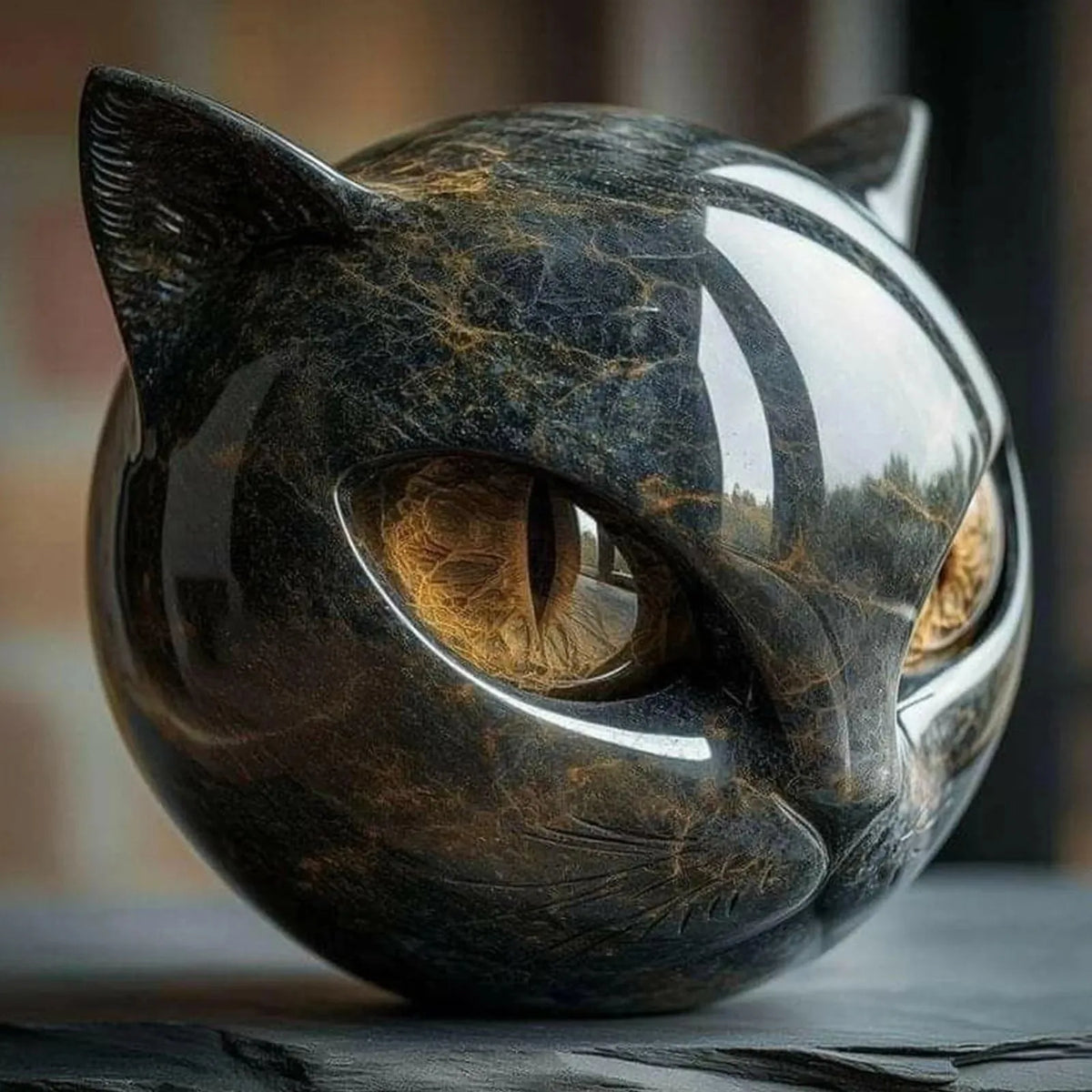 Black Cat Resin Figurine, Marble-Texture Cat Head Decor