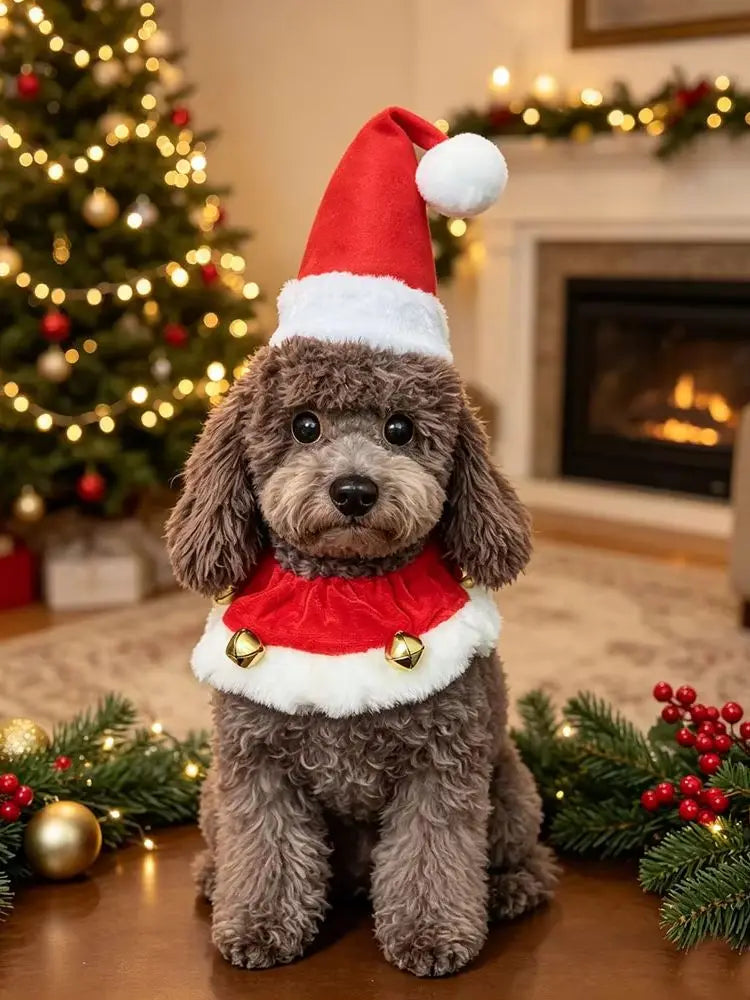 Dog Christmas Santa Hat Collar with Bells, Holiday Costume