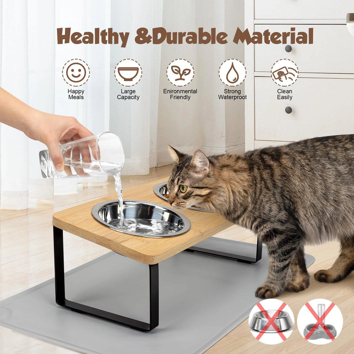 Tilted Elevated Cat Bowls with Wooden Stand, 2 Stainless Steel Bowls
