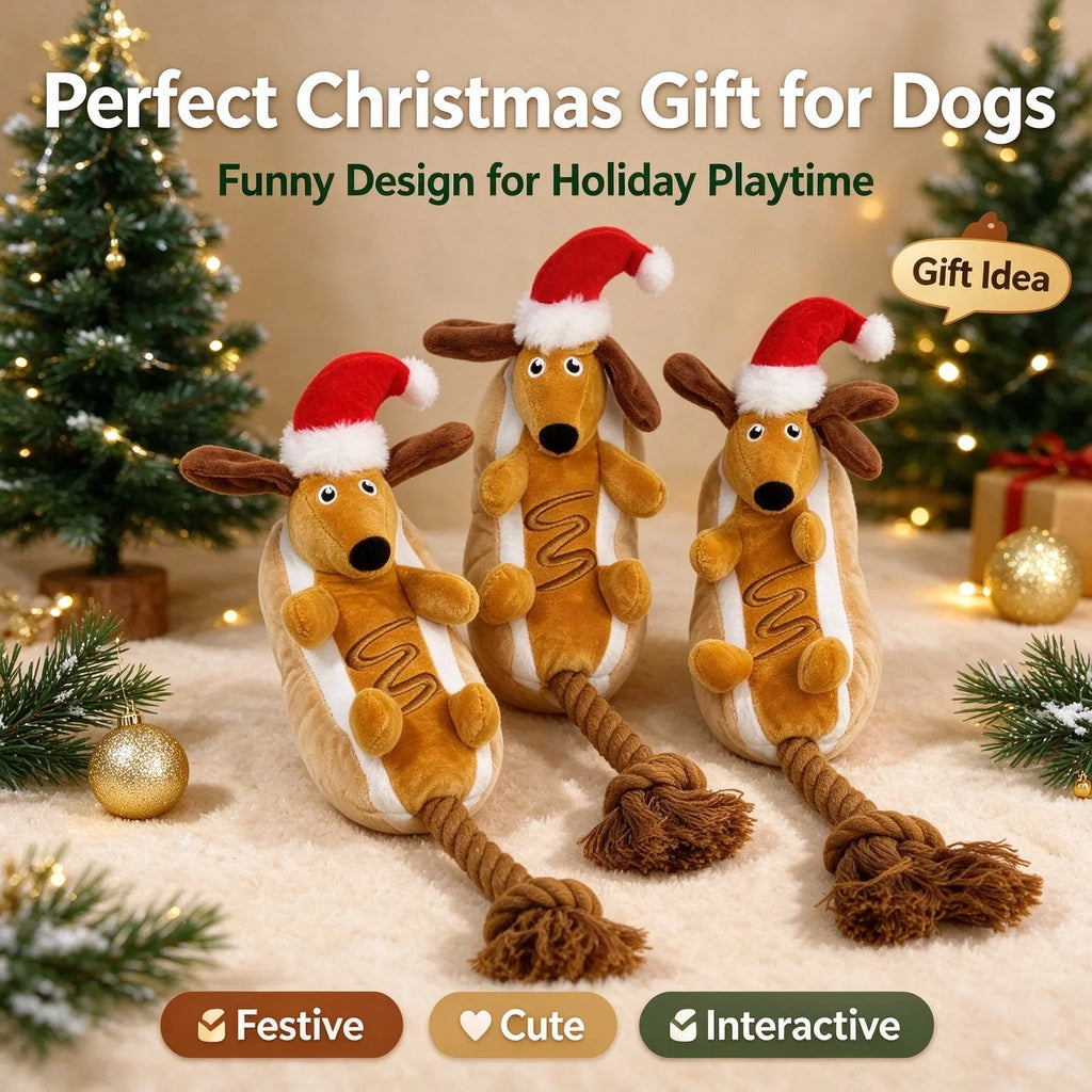 Christmas Dachshund Plush Squeaky Dog Toy with Rope Knot Chew