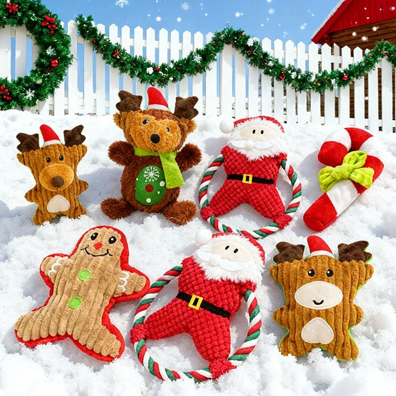 Christmas Plush Squeaky Dog Toy, Santa Elk & Gingerbread Man
