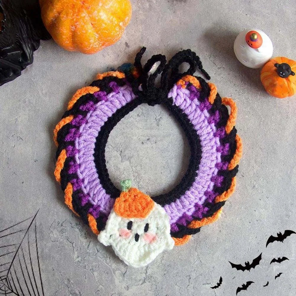 Halloween Cat Costume Pumpkin Ghost Woven Hat and Bib Set for Cats