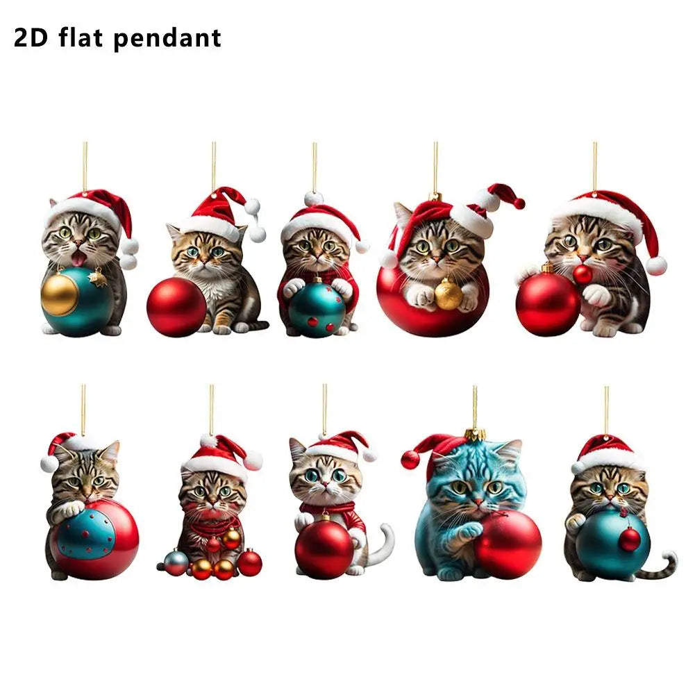 10-Piece Acrylic Cat Christmas Ornaments with Santa Hats
