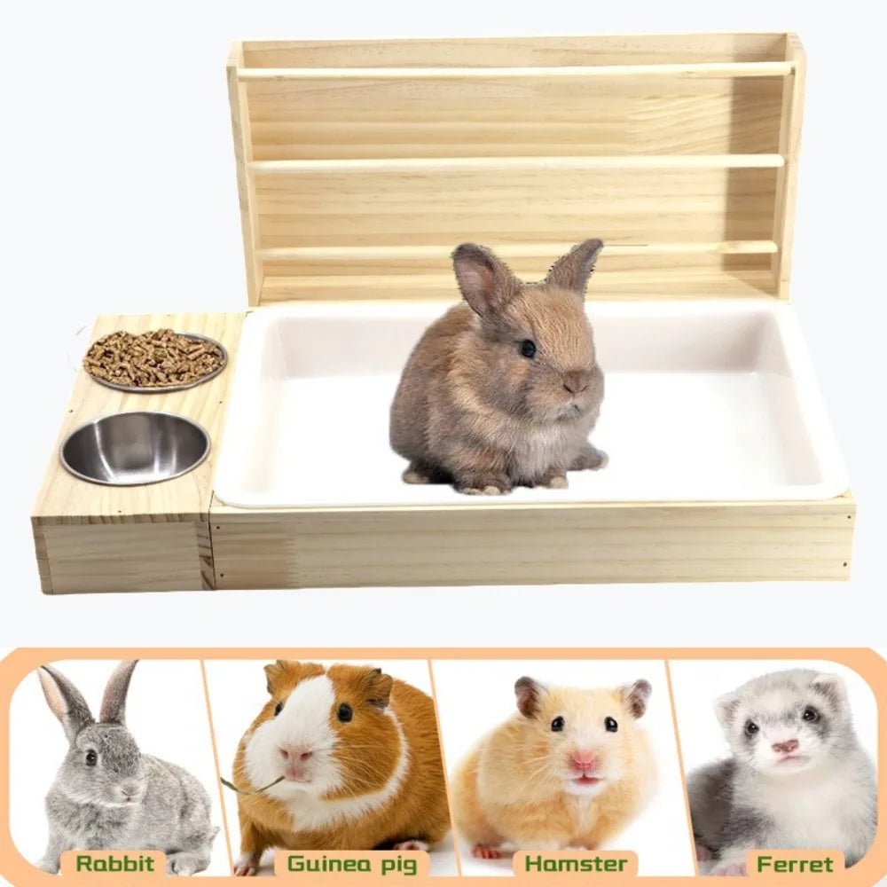 3-in-1 Wooden Rabbit Hay Feeder with Litter Box & 2 Bowls