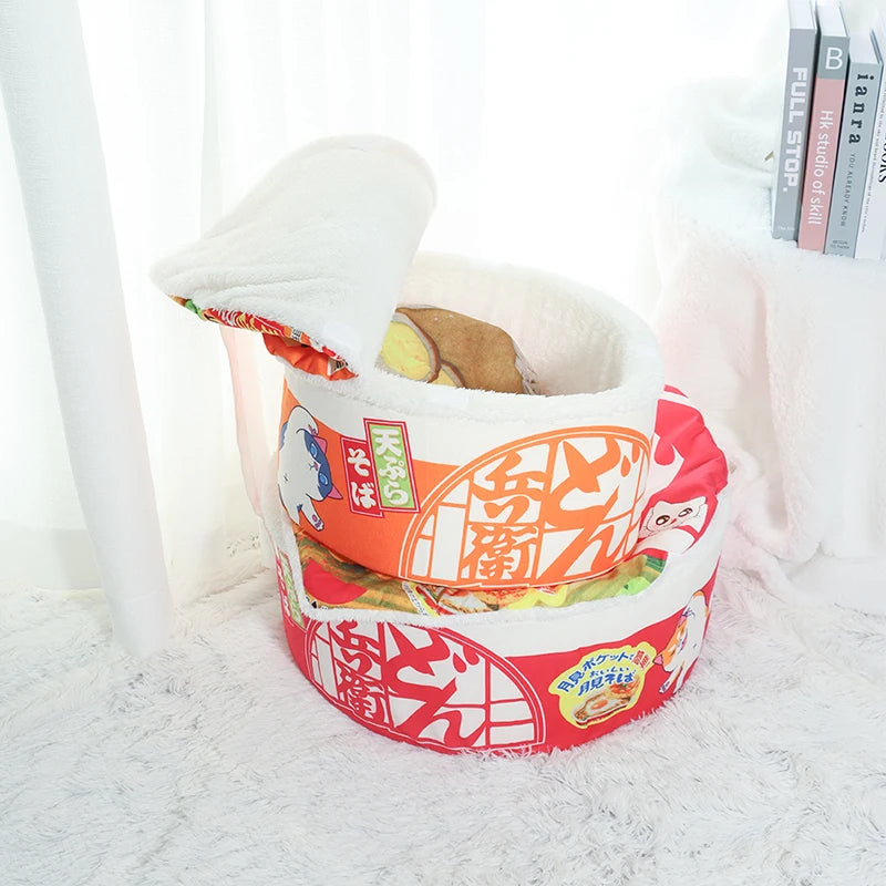 Fleece-Lined Noodle Pet Bed with Flip Cover for Cats and Small Dogs