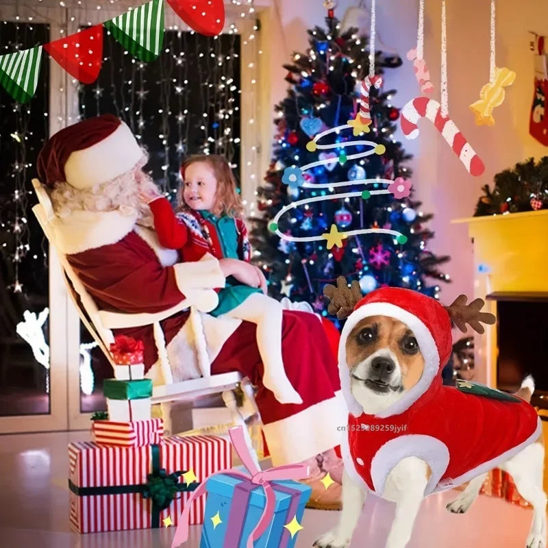 Christmas Dog Hoodie with Antlers, Festive Red Winter Pet Coat