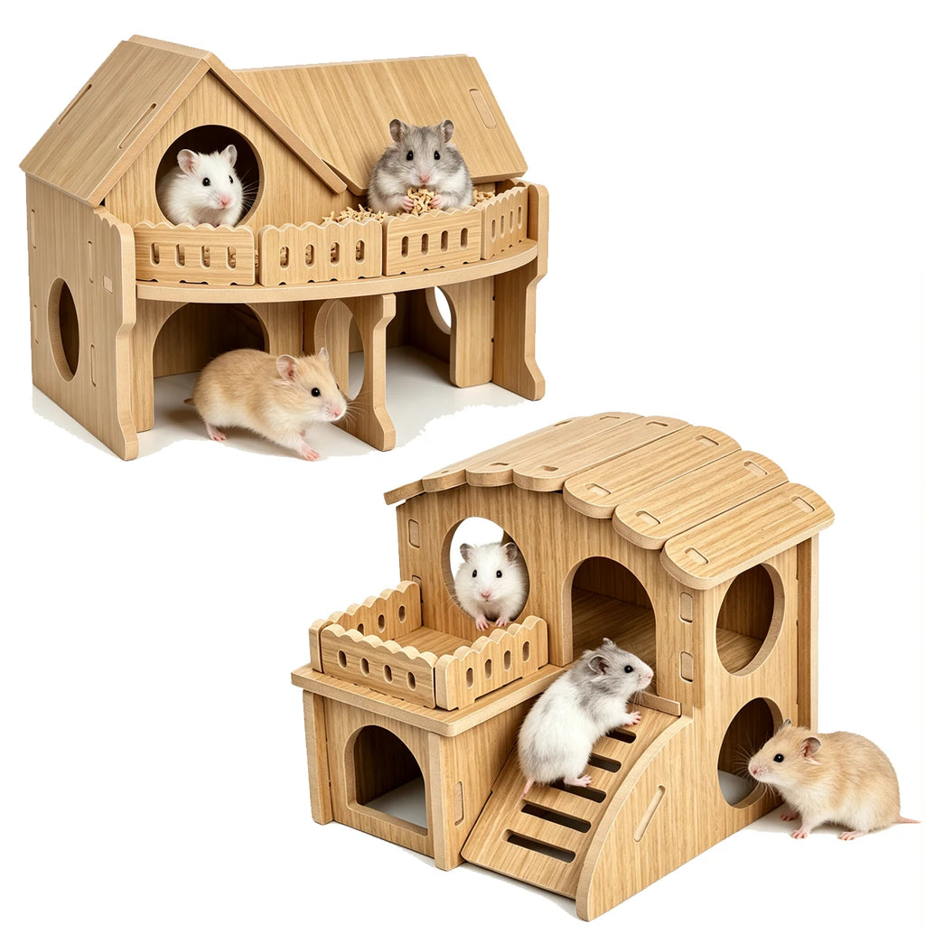 Wooden Hamster Villa Cabin House, Easy-Install Cage Hideout