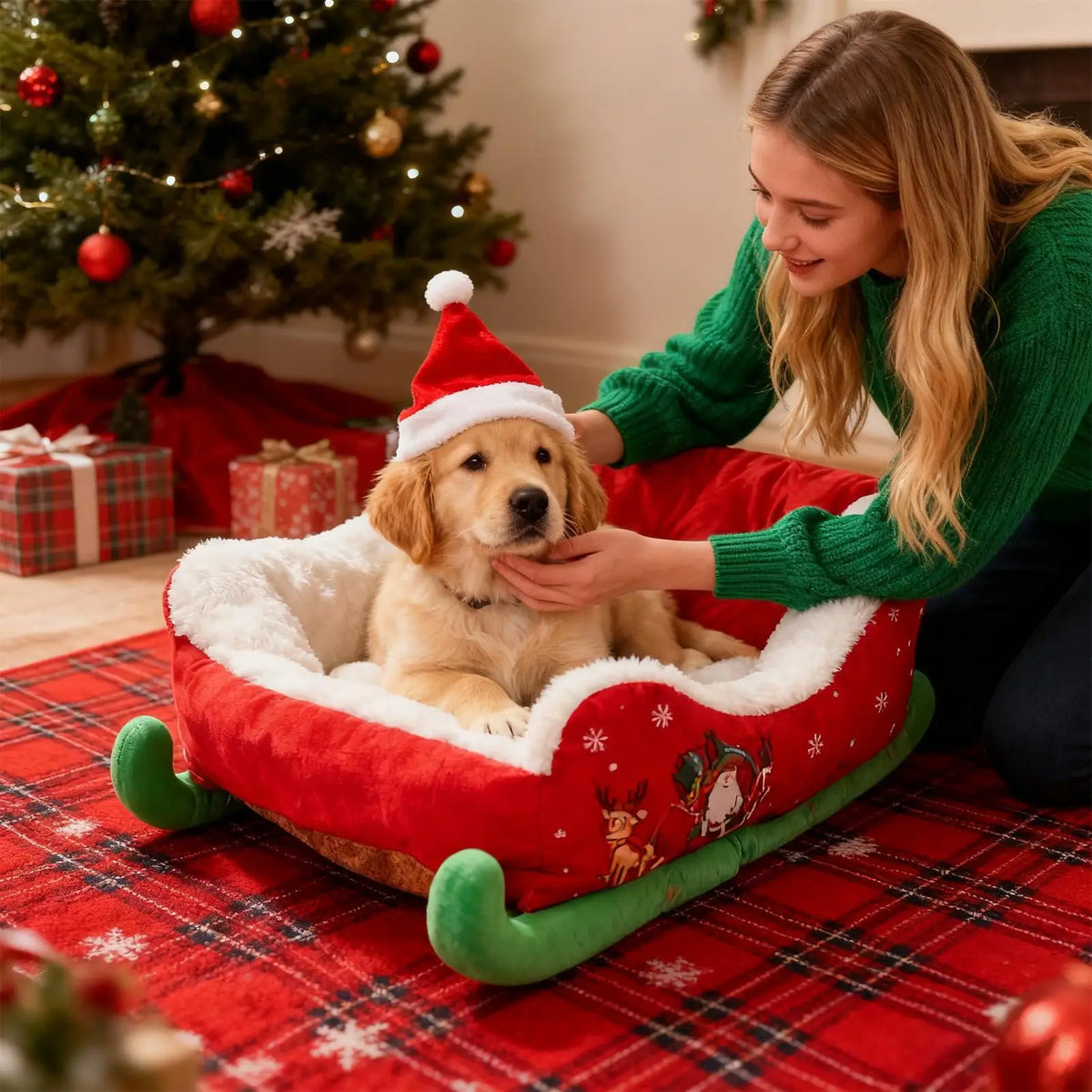 Christmas Sleigh Plush Pet Nest Bed for Cats & Small Dogs