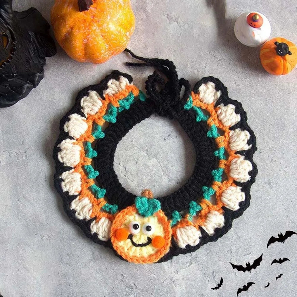Halloween Cat Costume Pumpkin Ghost Woven Hat and Bib Set for Cats