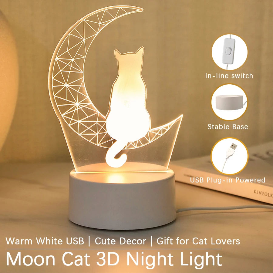 3D Moon Cat Acrylic LED Night Light, Gift for Cat Lovers