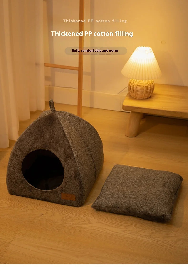 Warm Triangle Cat Tent Bed, Enclosed Cozy Cave for Cats & Small Dogs