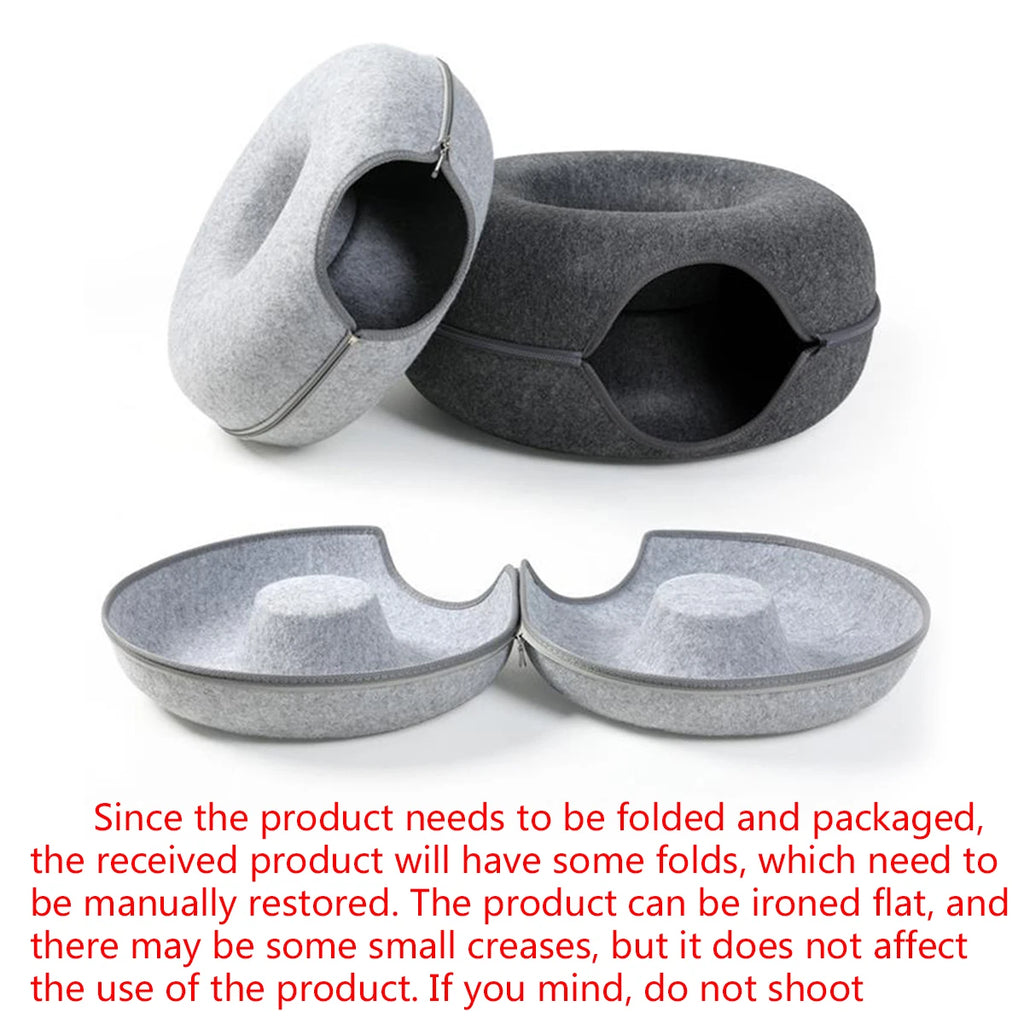 2-in-1 Felt Donut Cat Bed and Play Tunnel, Cozy Hideaway Cave
